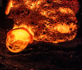 Close-up view of glowing molten lava during a live Lava Show presentation in Reykjavík, Iceland.
