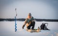 Ice fishing at the frozen lake