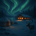 Snowy night view of yurts, a log guesthouse labeled “Jurtta”, and a reindeer under the northern lights in a forested Arctic landscape.