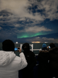 Guests enjoying the Northern Lights from the deck of a boat during an evening cruise in Iceland.