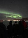 Guests watching a wide green Aurora Borealis display from the deck of a boat in Iceland.